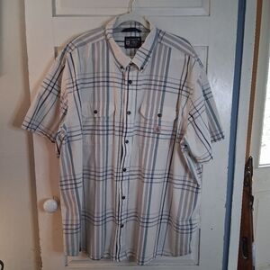 Carhartt Men's Cream and Blue Plaid Short Sleeve Button Down Shirt